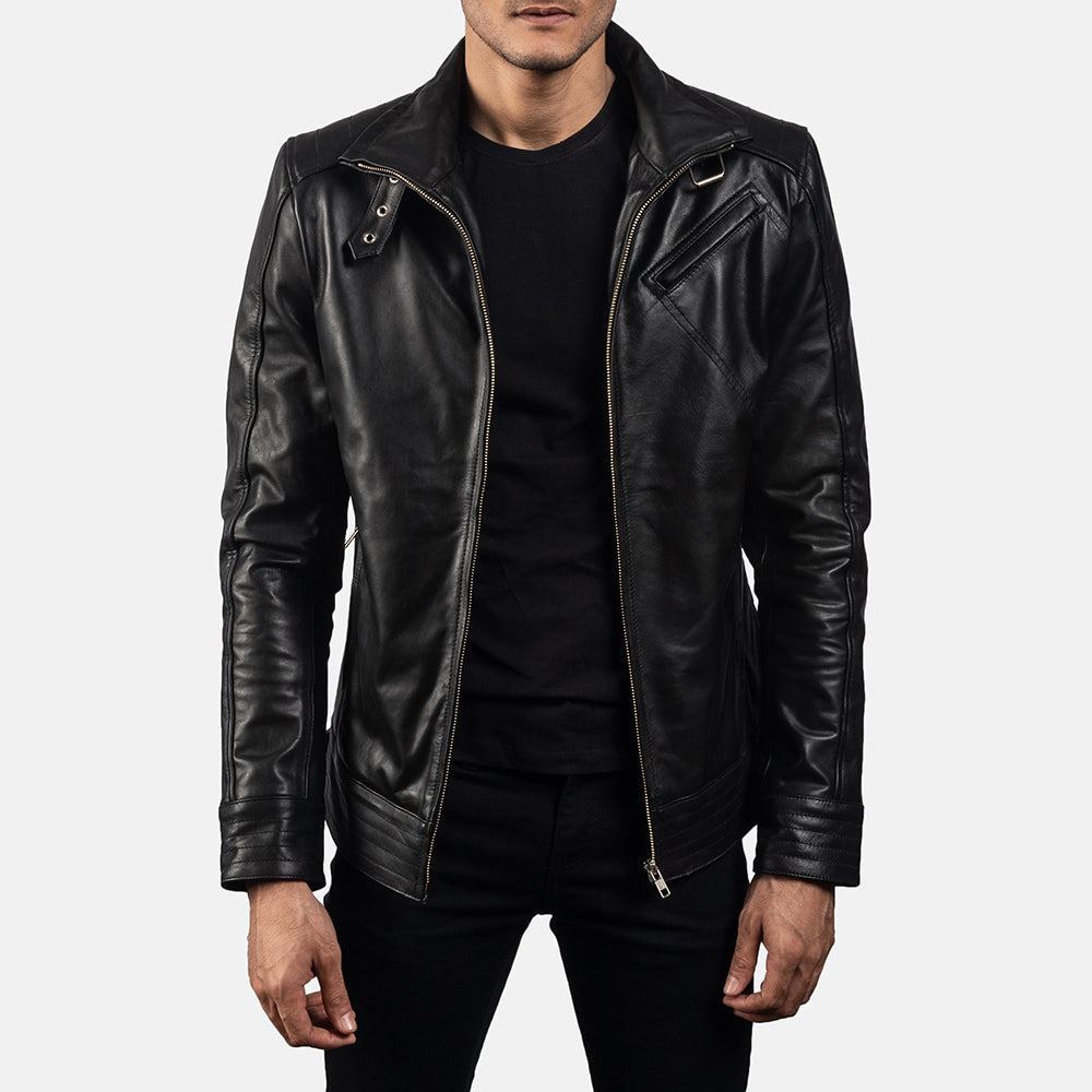 Men's Legacy Black Leather Biker Jacket in Black Cowhide Leather - Front Profile View &amp; Tailored Silhouette | Buy Online