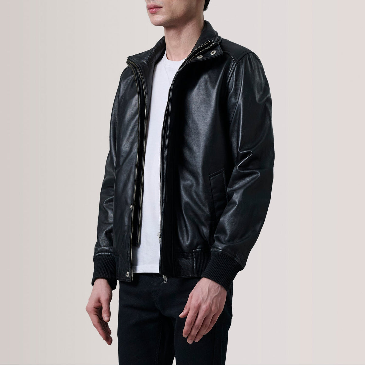 
Lester Brown Suede Bomber Jacket For Men - Lateral Side Profile View Showing Sleeve Cut & Athletic Taper Fit