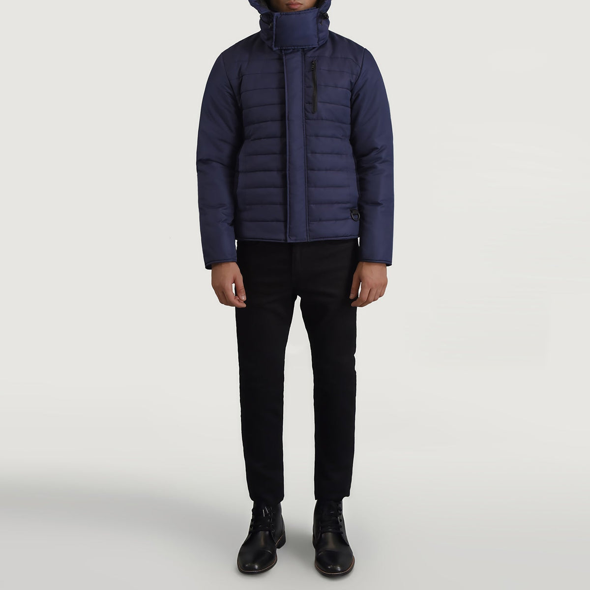 
Malcolm Blue Hooded Puffer Jacket - Lateral Side Profile View Showing Sleeve Cut & Athletic Taper Fit