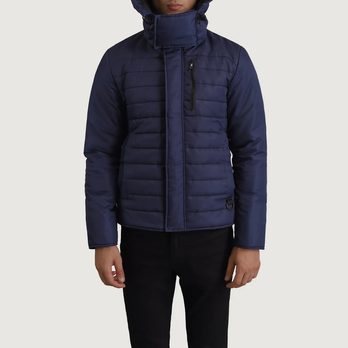 
Close-Up Detail of Classic Collar & Zipper With Placket Hardware on Malcolm Blue Hooded Puffer Jacket