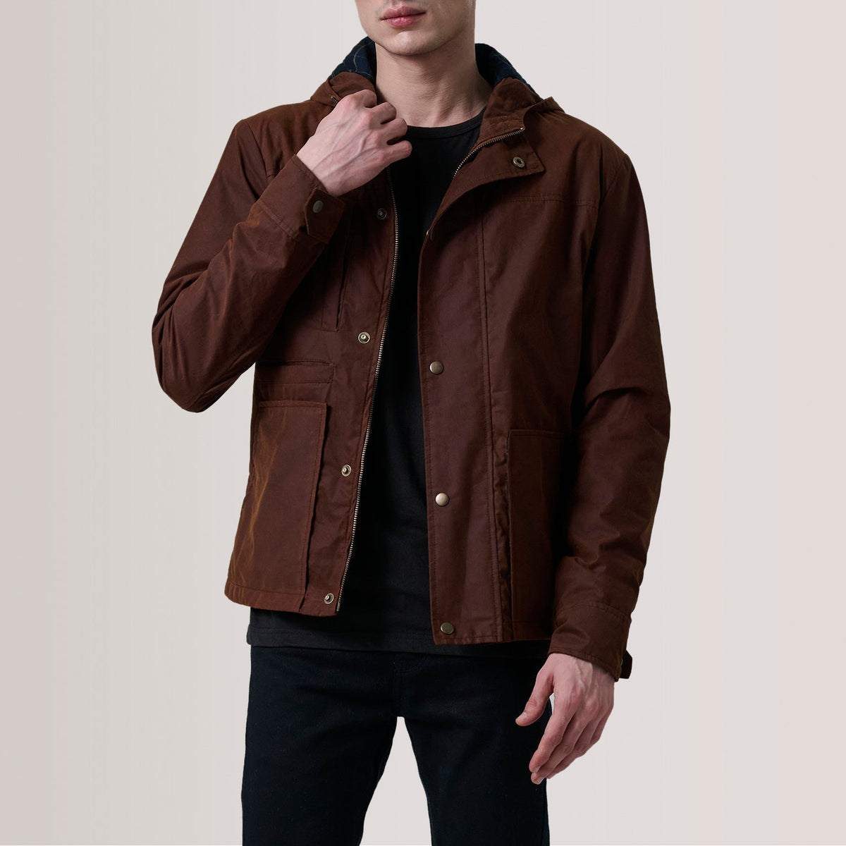 Marlo Brown Canvas Hooded Work Jacket For Men in Brown Waxed Cotton Canvas - Front Profile View &amp; Tailored Silhouette | Buy Online