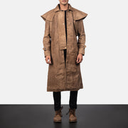 Men's Maverick Brown Leather Duster in Distressed Brown Sheepskin Snuffed - Front Profile View &amp; Tailored Silhouette | Buy Online