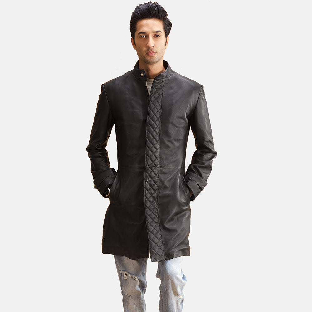 Men's Midlander Quilted Black Leather Coat in Black Sheepskin Leather - Front Profile View &amp; Tailored Silhouette | Buy Online