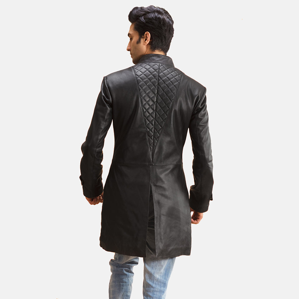 Men's Midlander Quilted Black Leather Coat - Lateral Side Profile View Showing Sleeve Cut &amp; Athletic Taper Fit