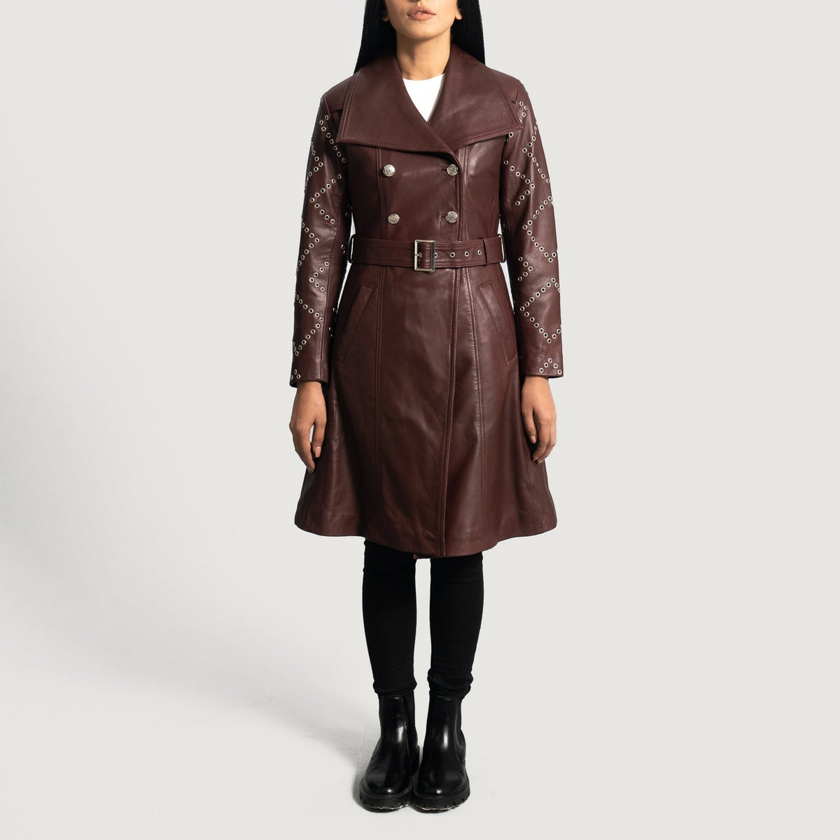 Maroon Sheepskin Leather Trench Coat - Back View Showing Tailored Shoulder Fit &amp; Clean Hemline
