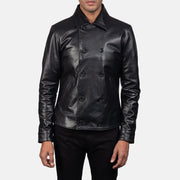 Mod Black Leather Peacoat in Black Cowhide Leather - Front Profile View &amp; Tailored Silhouette | Buy Online