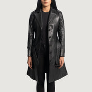 
Women's Moonlight Black Leather Trench Coat in Black Sheepskin Leather - Front Profile View & Tailored Silhouette | Buy Online