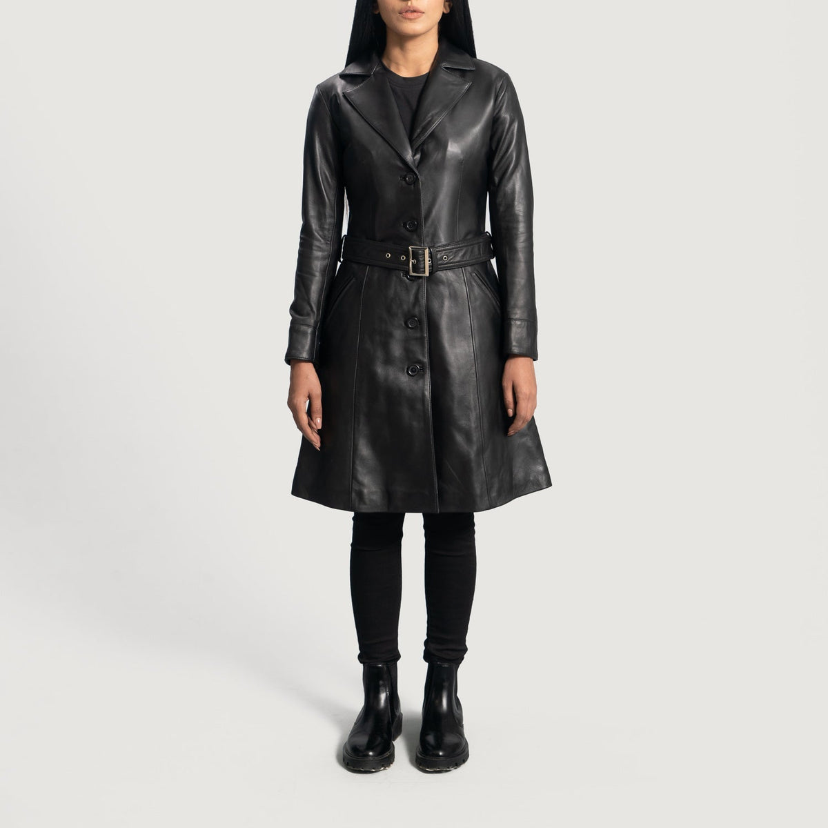 
Women's Moonlight Black Leather Trench Coat - Lateral Side Profile View Showing Sleeve Cut & Athletic Taper Fit