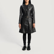 
Women's Moonlight Black Leather Trench Coat - Lateral Side Profile View Showing Sleeve Cut & Athletic Taper Fit