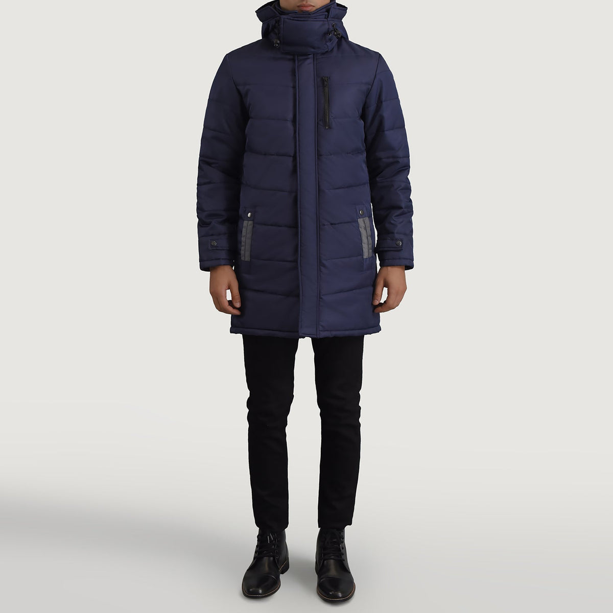 
Moore Blue Hooded Parka - Lateral Side Profile View Showing Sleeve Cut & Athletic Taper Fit
