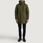 
Moore Green Hooded Parka - Lateral Side Profile View Showing Sleeve Cut & Athletic Taper Fit
