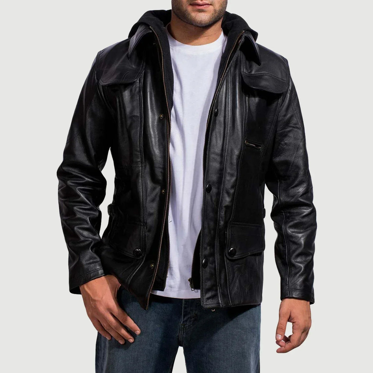 
Men's Moulder Hooded Black Leather Jacket in Black Cowhide Leather - Front Profile View & Tailored Silhouette | Buy Online