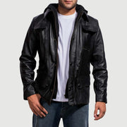 
Men's Moulder Hooded Black Leather Jacket in Black Cowhide Leather - Front Profile View & Tailored Silhouette | Buy Online