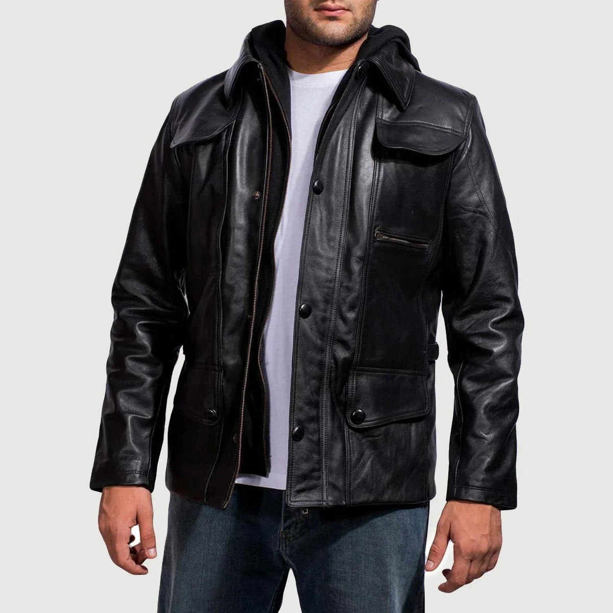 
Black Cowhide Leather Hooded Jacket - Back View Showing Tailored Shoulder Fit & Clean Hemline