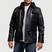 
Black Cowhide Leather Hooded Jacket - Back View Showing Tailored Shoulder Fit & Clean Hemline