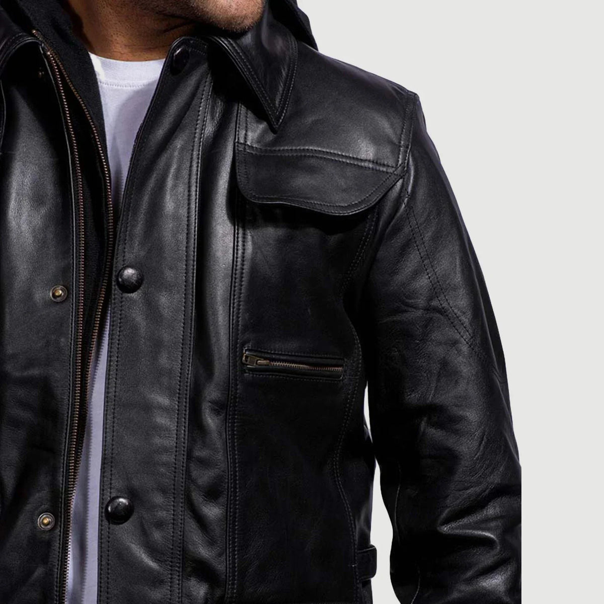 
Men's Moulder Hooded Black Leather Jacket - Lateral Side Profile View Showing Sleeve Cut & Athletic Taper Fit