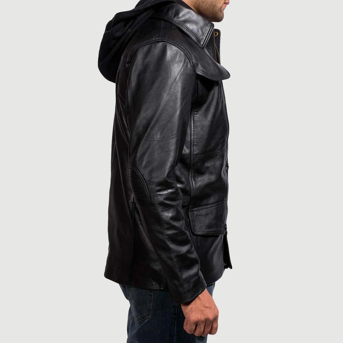 
Close-Up Detail of Shirt & Zipper with Button Flap Hardware on Men's Moulder Hooded Black Leather Jacket