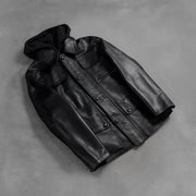 
Zipper & Hem Craftsmanship Construction Detail on Men's Moulder Hooded Black Leather Jacket