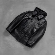 
Styled Fit Perspective of Men's Moulder Hooded Black Leather Jacket on Model - Natural Daylight Drape