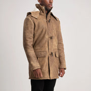 
Styled Fit Perspective of Nolan Black Snuffed Leather Duffle Coat on Model - Natural Daylight Drape