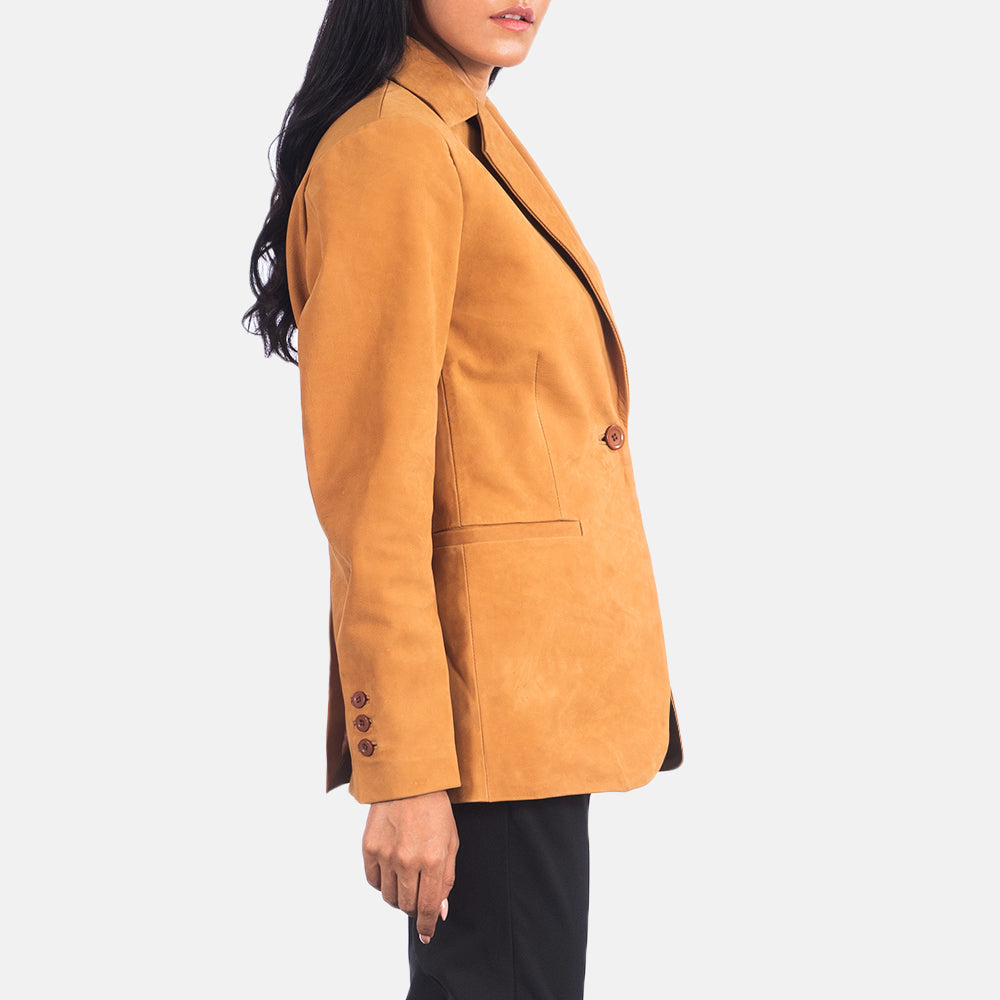 Close-Up Detail of Notch &amp; Button Hardware on Women's Norma Brown Suede Blazer