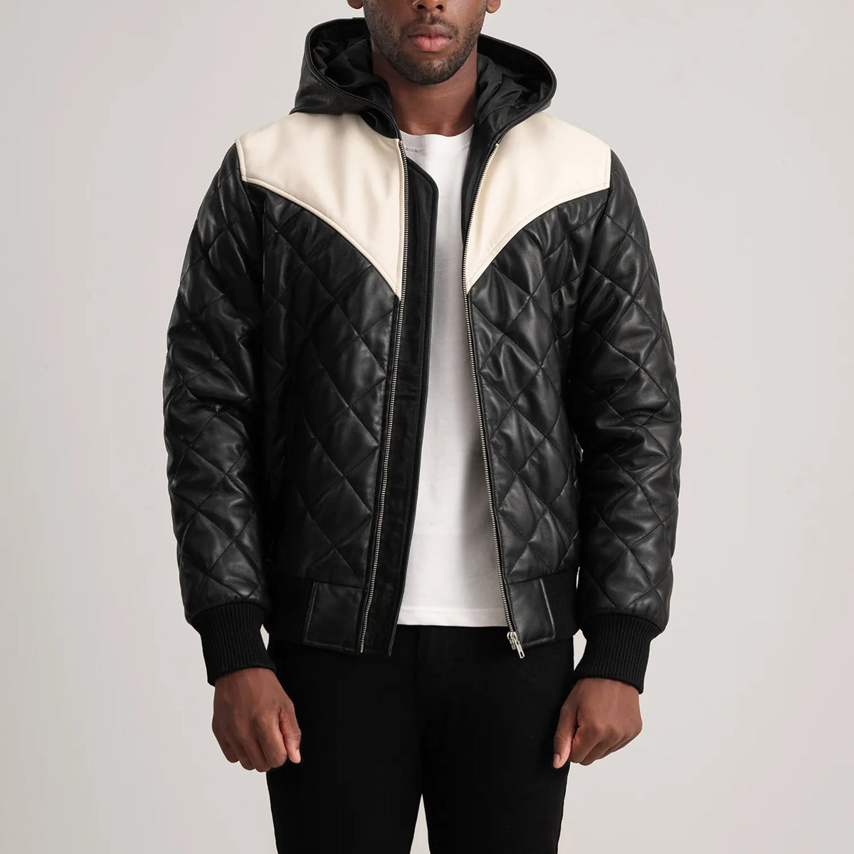 
Norman Tan Hooded Bomber Leather Puffer Jacket in Tan Brown Sheepskin Leather - Front Profile View & Tailored Silhouette | Buy Online