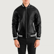 Pascal Black Leather Varsity Jacket in Black Sheepskin Leather - Front Profile View &amp; Tailored Silhouette | Buy Online