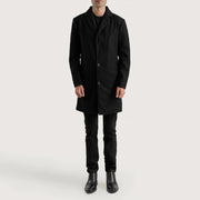 Petrillo Black Wool Single Breasted Coat - Lateral Side Profile View Showing Sleeve Cut & Athletic Taper Fit