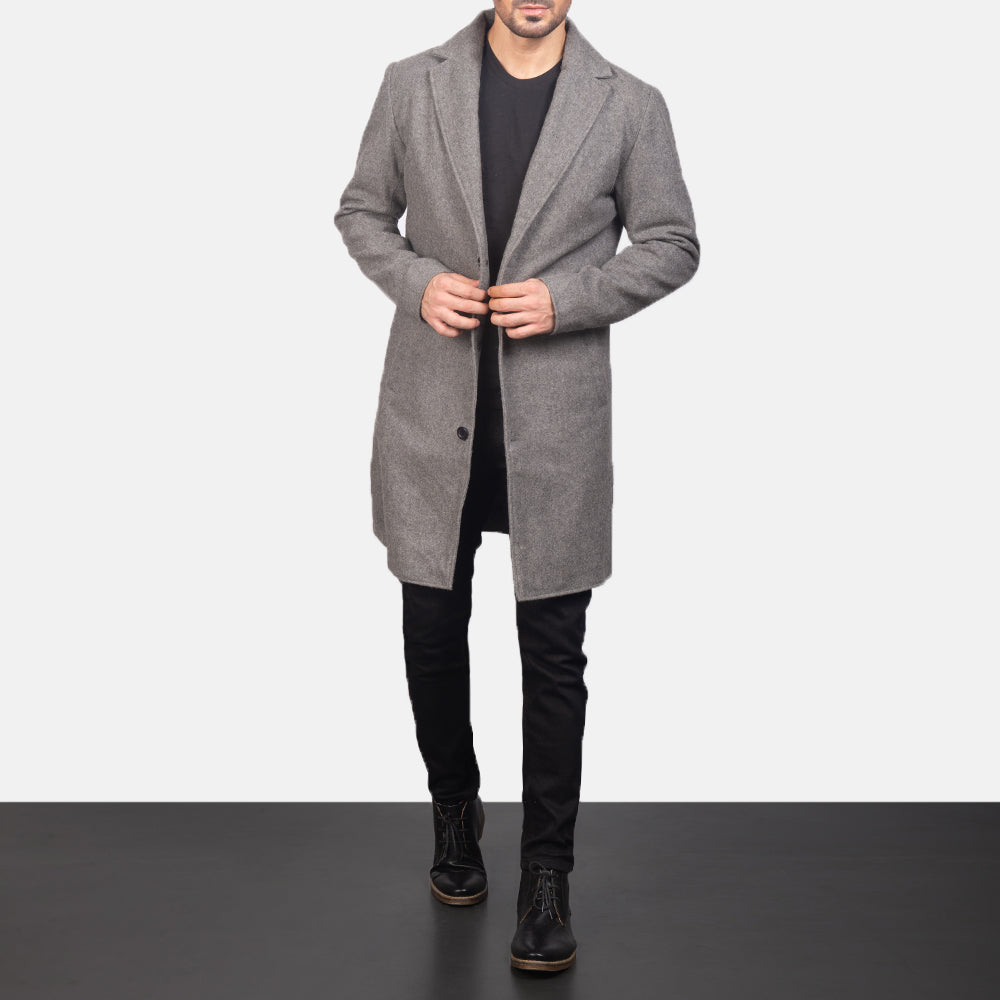 
Men's Petrillo Grey Wool Single Breasted Coat in Grey Synthetic Wool - Front Profile View & Tailored Silhouette | Buy Online