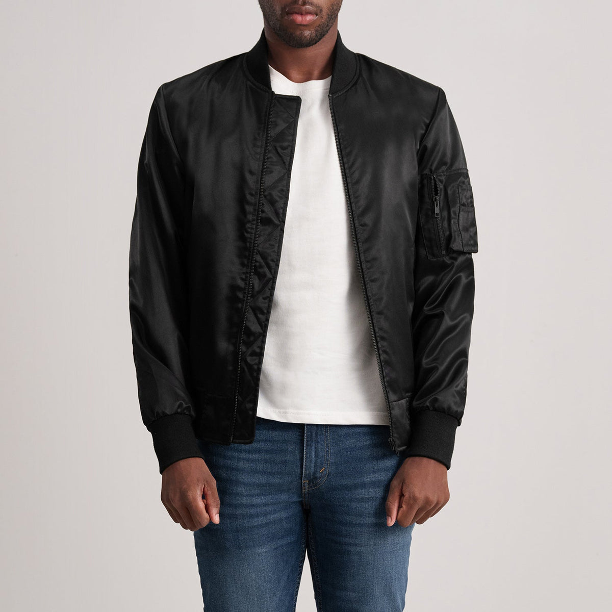 Quinton MA-1 Black Bomber Jacket - Lateral Side Profile View Showing Sleeve Cut &amp; Athletic Taper Fit