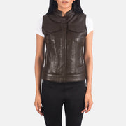 
Close-Up Detail of Band & Zipper with Button Flap Hardware on Women's Rayne Moto Brown Leather Vest