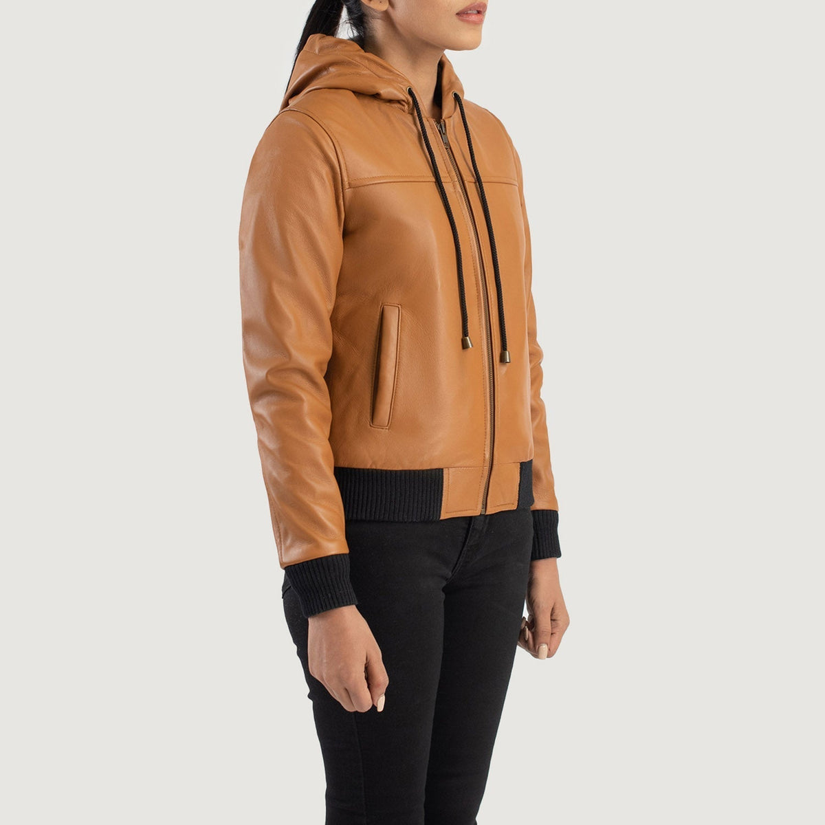 
Styled Fit Perspective of Rebella Green Hooded Suede Bomber Jacket on Model - Natural Daylight Drape