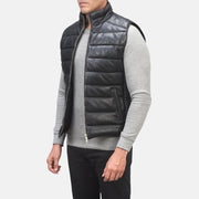 Black Sheepskin leather Vest - Back View Showing Tailored Shoulder Fit &amp; Clean Hemline