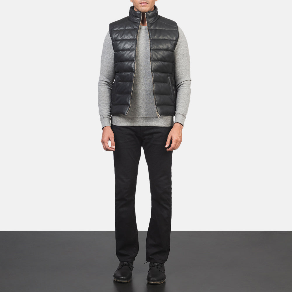 Men's Reeves Black Leather Puffer Vest - Lateral Side Profile View Showing Sleeve Cut &amp; Athletic Taper Fit