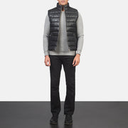 Men's Reeves Black Leather Puffer Vest - Lateral Side Profile View Showing Sleeve Cut &amp; Athletic Taper Fit