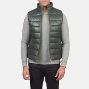 
Men's Reeves Green Leather Puffer Vest in Green Sheepskin Leather - Front Profile View & Tailored Silhouette | Buy Online
