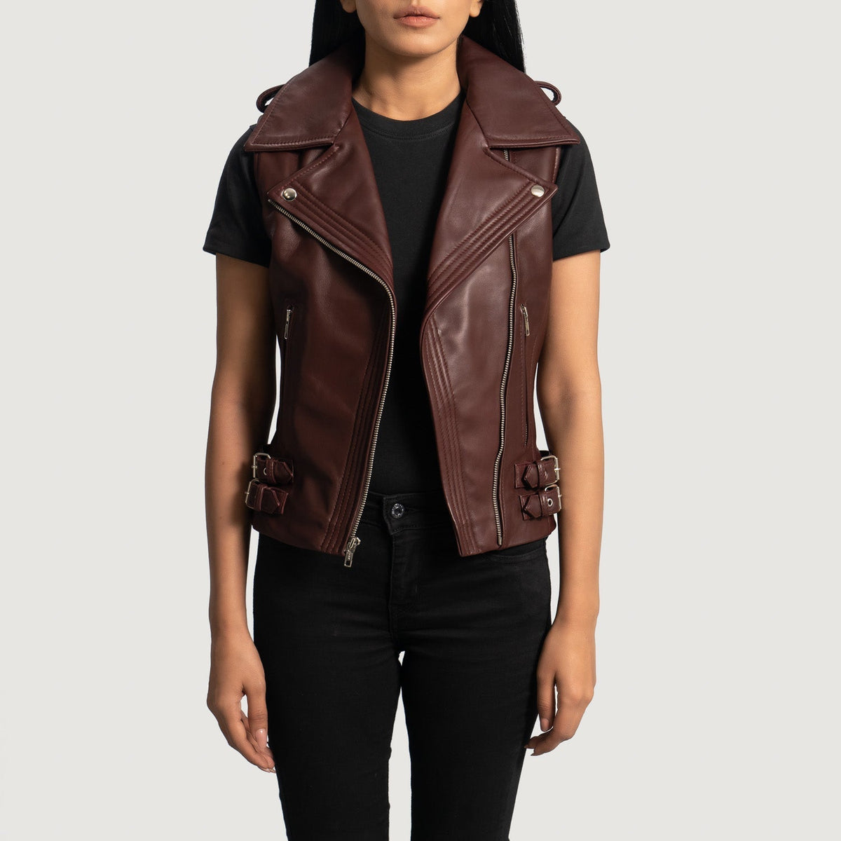 
Maroon Sheepskin Leather Biker Jacket - Back View Showing Tailored Shoulder Fit & Clean Hemline
