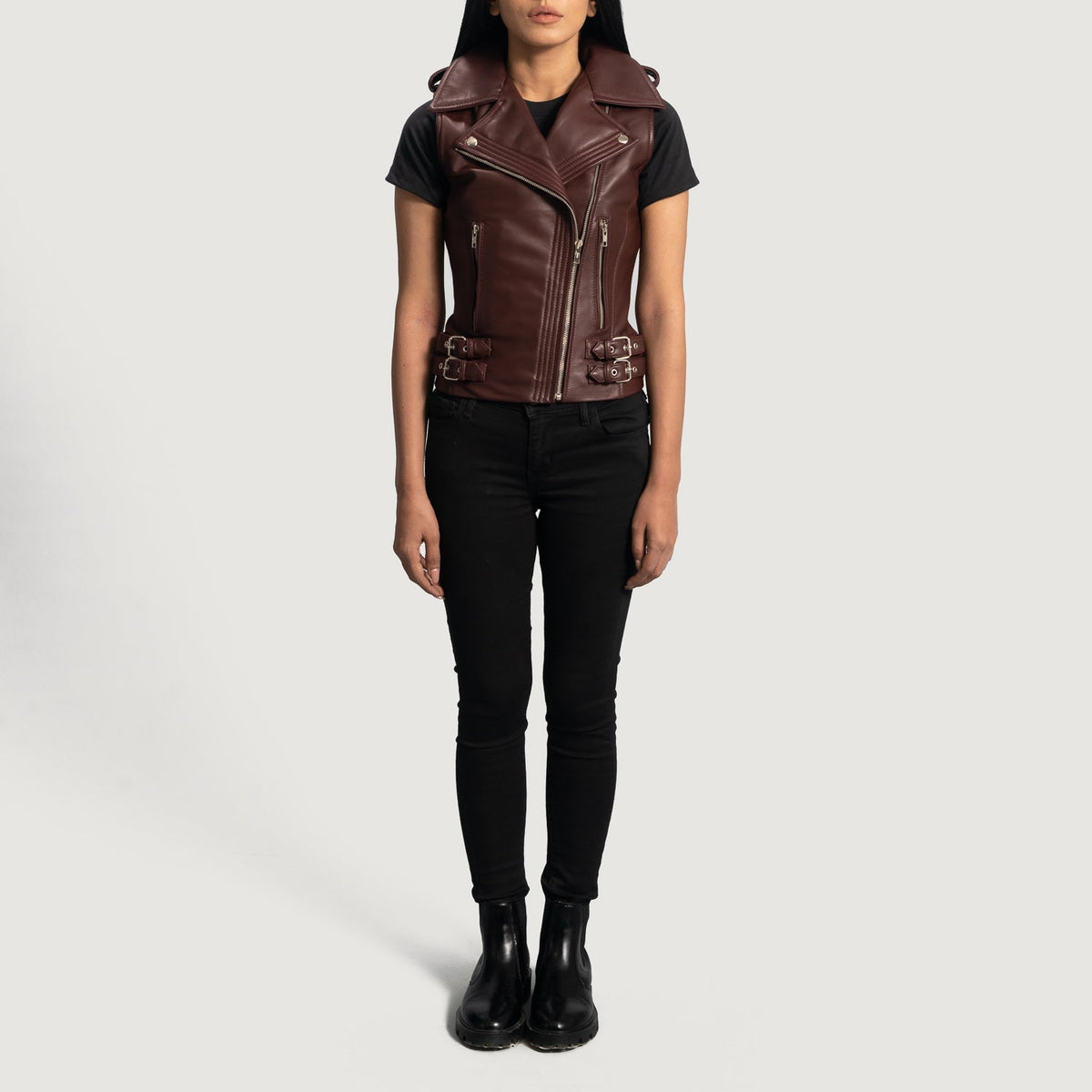
Close-Up Detail of Notch & Zipper Hardware on Women's Rhonda Maroon Leather Biker Vest
