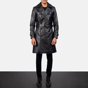 
Men's Royson Black Leather Duster Coat in Black Cowhide Leather - Front Profile View & Tailored Silhouette | Buy Online