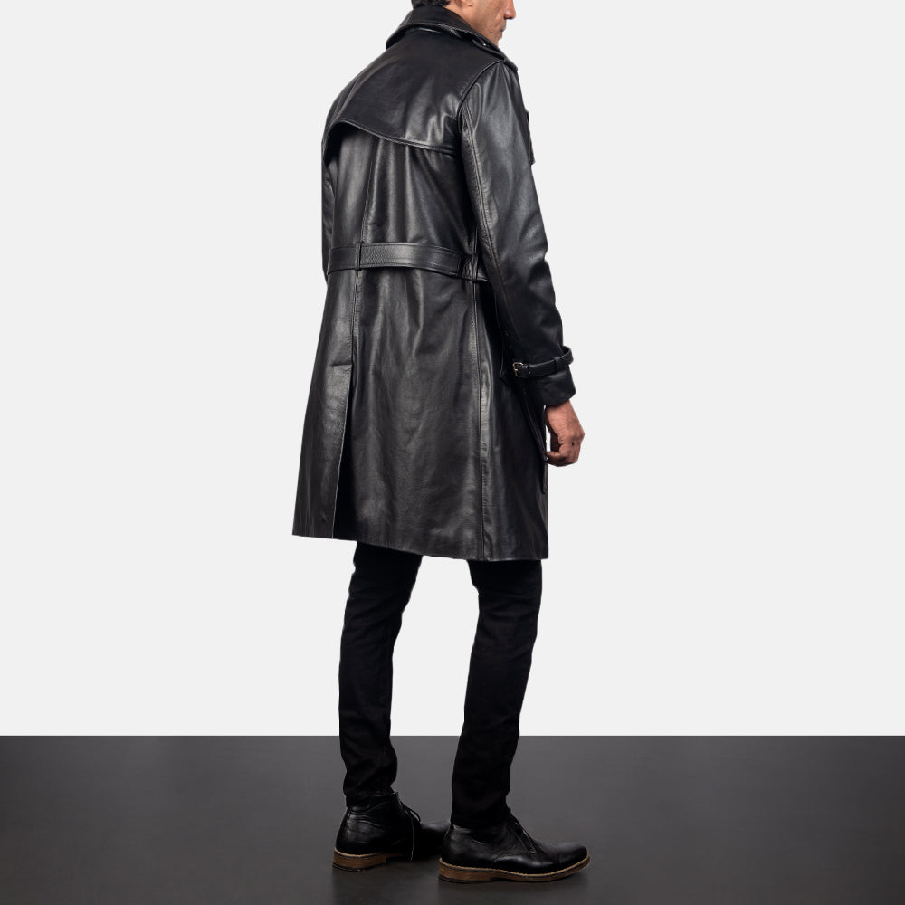 
Men's Royson Black Leather Duster Coat - Lateral Side Profile View Showing Sleeve Cut & Athletic Taper Fit