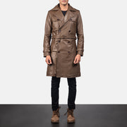 
Men's Royson Brown Leather Duster Coat in Mocha Brown Calfskin Leather - Front Profile View & Tailored Silhouette | Buy Online