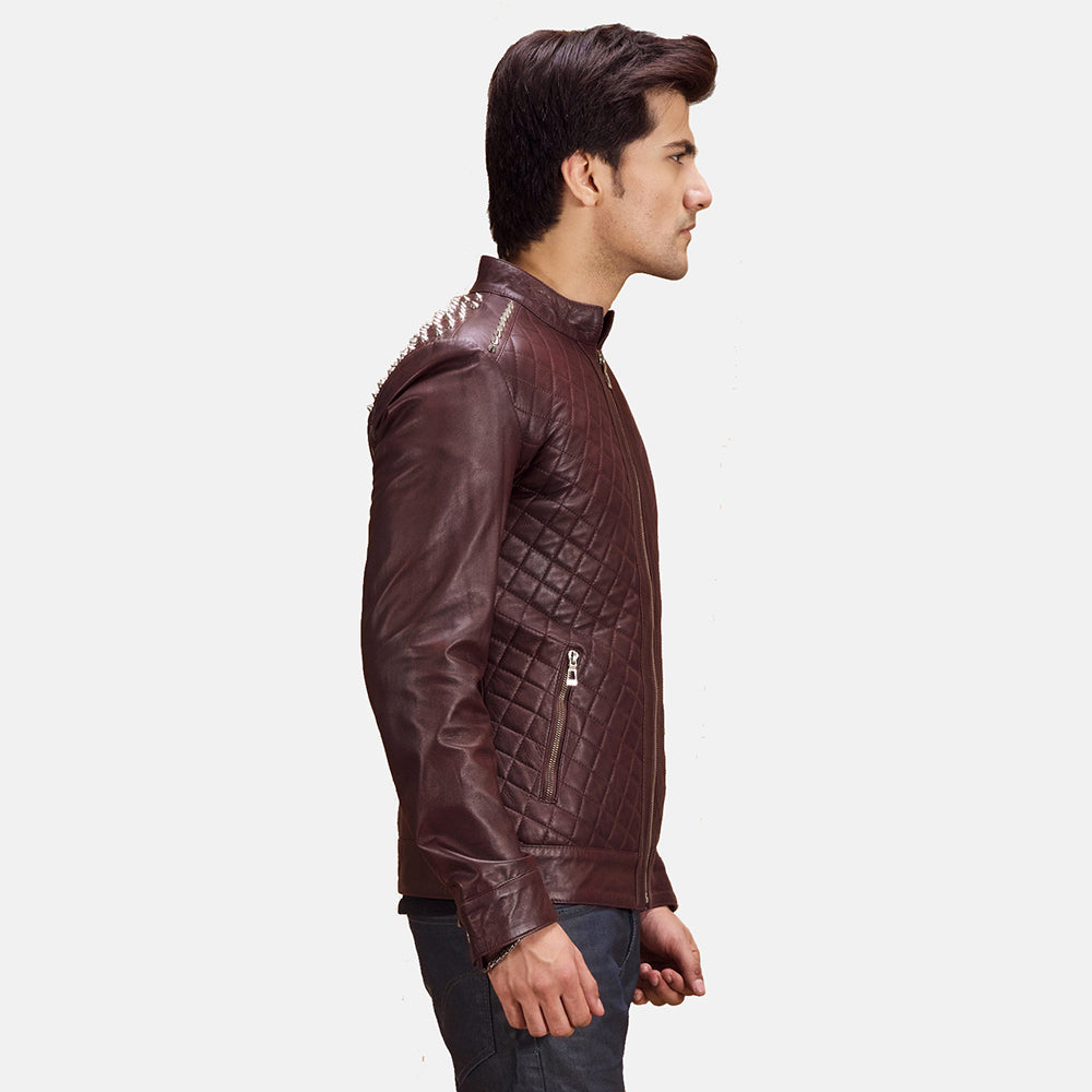
Maroon Sheepskin Leather Biker Jacket - Back View Showing Tailored Shoulder Fit & Clean Hemline