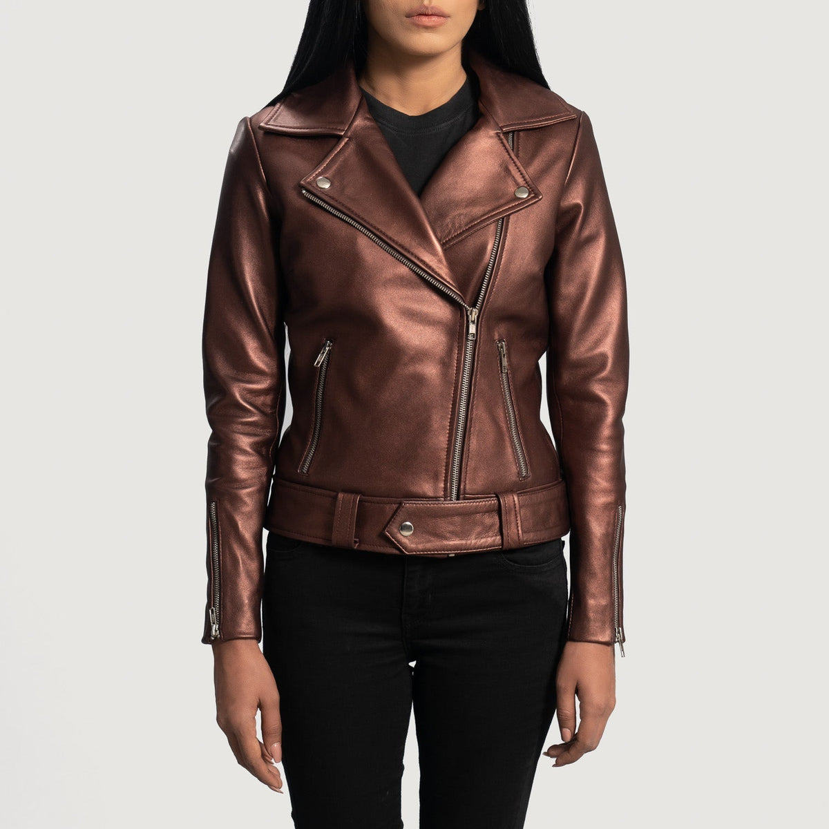 
Women's Rumy Maroon Leather Biker Jacket in Maroon Sheepskin Leather - Front Profile View & Tailored Silhouette | Buy Online
