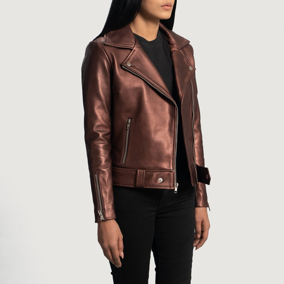
Maroon Sheepskin Leather Biker Jacket - Back View Showing Tailored Shoulder Fit & Clean Hemline