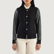
Close-Up Detail of Varsity & Snap Buttons Hardware on Savant Green Hybrid Varsity Jacket
