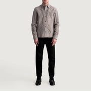 
Close-Up Detail of Shirt & Buttons Hardware on Scout Grey Suede Leather Shirt