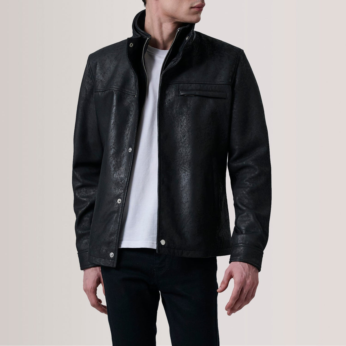 Sean Black Snuffed Classic Jacket For Men in Distressed Black Sheepskin Snuffed - Front Profile View &amp; Tailored Silhouette | Buy Online