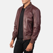 
Maroon Sheepskin Leather Bomber Jacket - Back View Showing Tailored Shoulder Fit & Clean Hemline