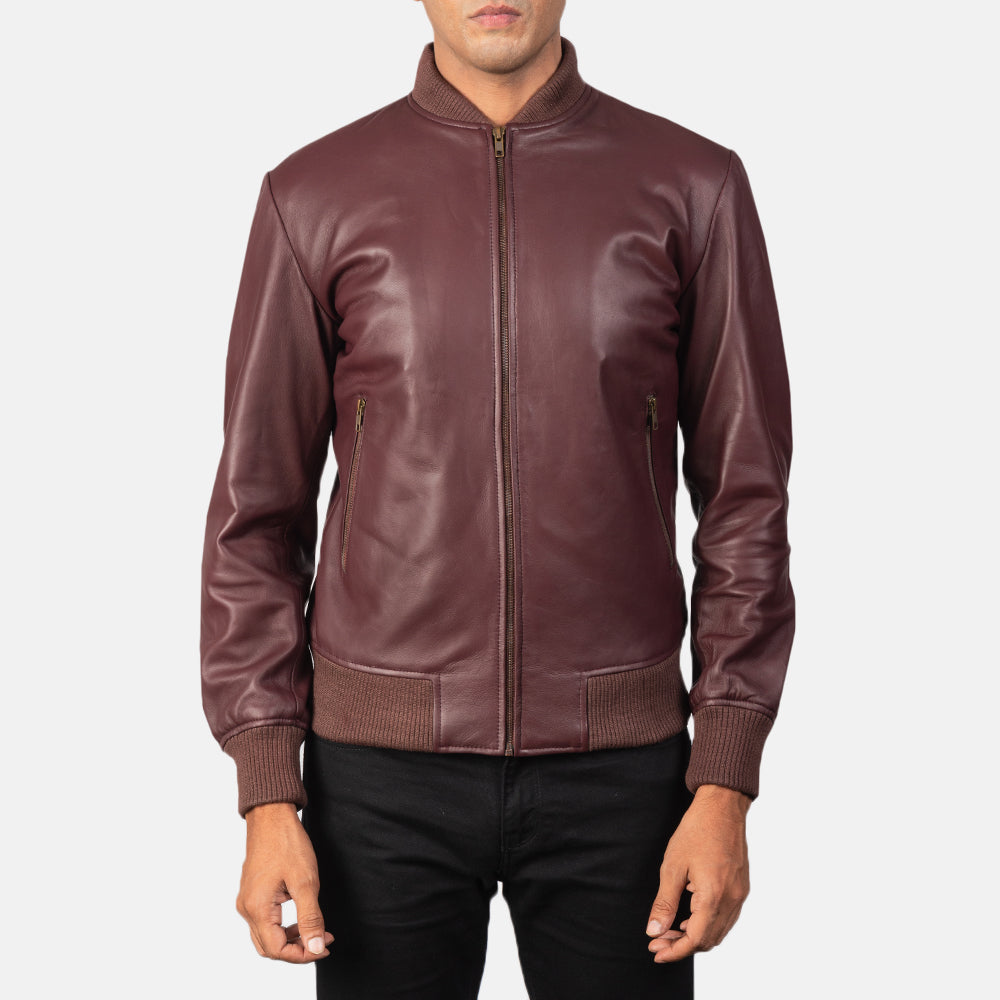 
Close-Up Detail of Varsity & Zipper Hardware on Men's Shane Maroon Leather Bomber Jacket