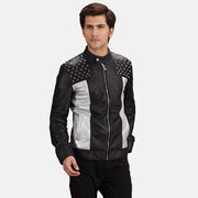 Shapron Studded Leather Biker Jacket in Black Sheepskin Leather - Front Profile View &amp; Tailored Silhouette | Buy Online